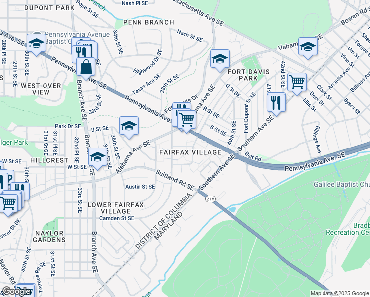 map of restaurants, bars, coffee shops, grocery stores, and more near 3817 V Street Southeast in Washington
