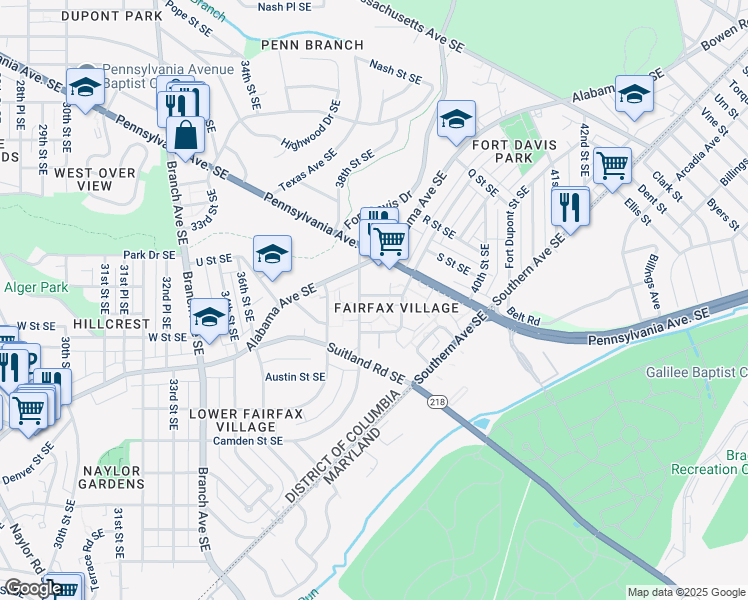 map of restaurants, bars, coffee shops, grocery stores, and more near 3803 V Street Southeast in Washington