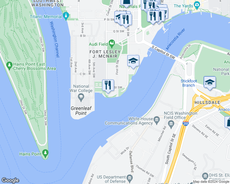 map of restaurants, bars, coffee shops, grocery stores, and more near 101 Independence Avenue Southeast in Washington