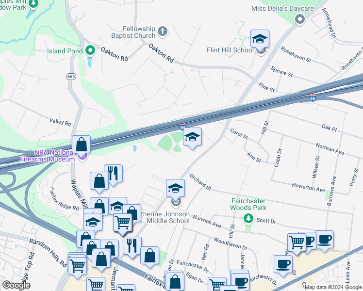 map of restaurants, bars, coffee shops, grocery stores, and more near 3616 Jermantown Road in Fairfax