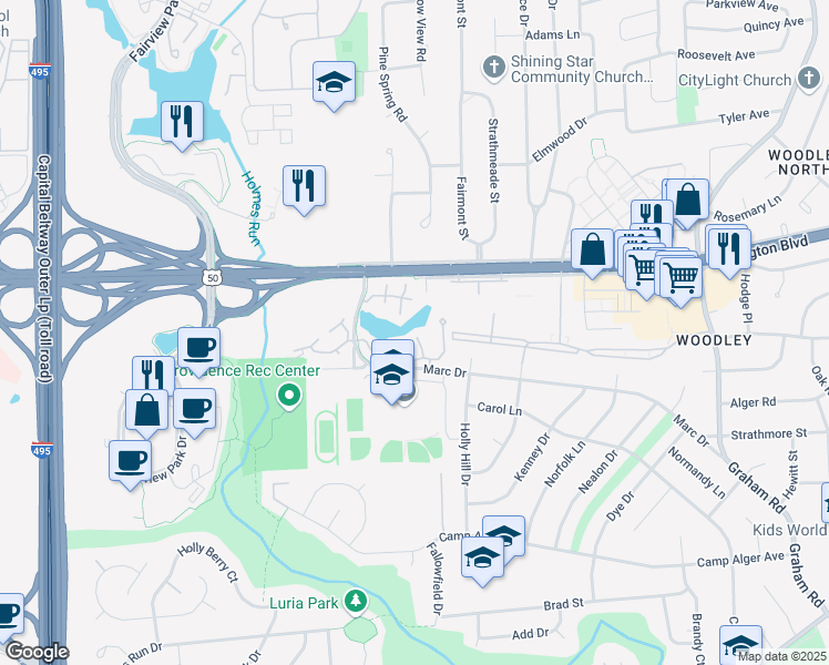 map of restaurants, bars, coffee shops, grocery stores, and more near 3150 Anchorway Court in Falls Church