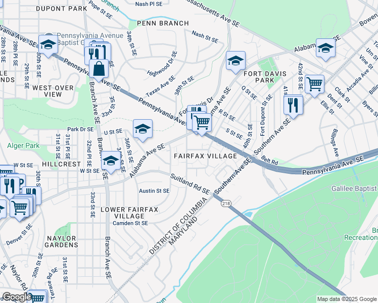 map of restaurants, bars, coffee shops, grocery stores, and more near 2110 38th Street Southeast in Washington