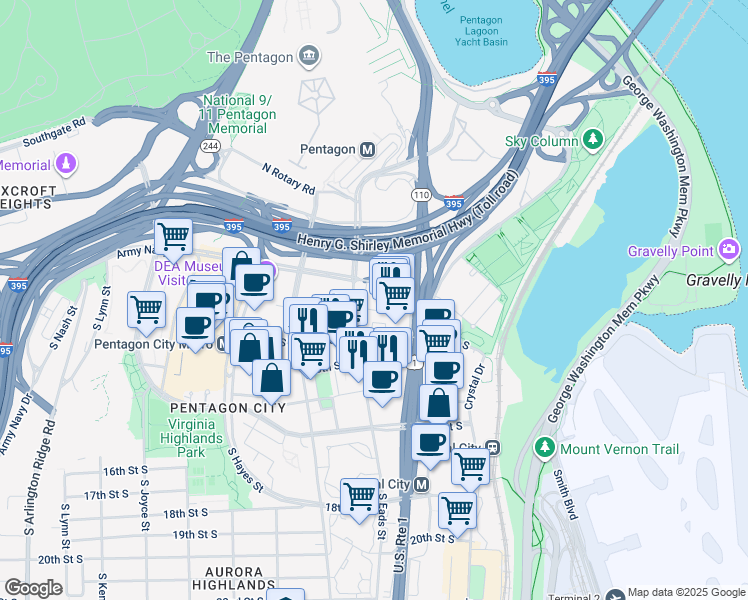 map of restaurants, bars, coffee shops, grocery stores, and more near 400 Army Navy Drive in Arlington