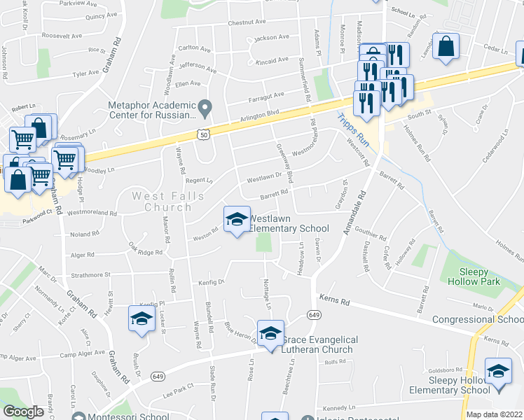 map of restaurants, bars, coffee shops, grocery stores, and more near 6822 Donahue Court in Falls Church