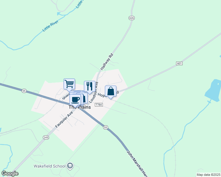 map of restaurants, bars, coffee shops, grocery stores, and more near 4199 Mosby Street in The Plains