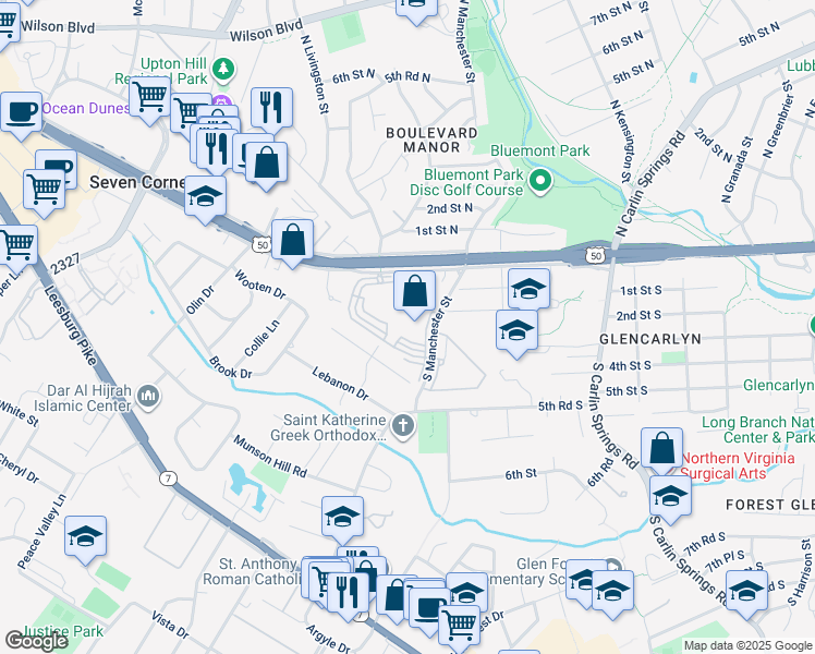 map of restaurants, bars, coffee shops, grocery stores, and more near 3100 South Manchester Street in Falls Church