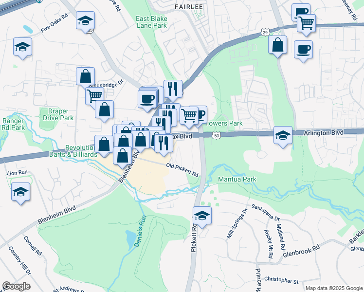 map of restaurants, bars, coffee shops, grocery stores, and more near 9473 Fairfax Boulevard in Fairfax