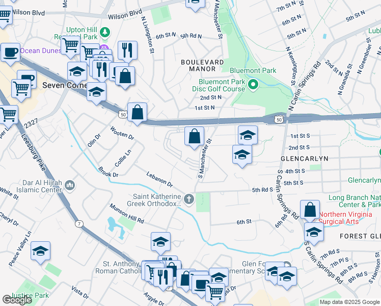 map of restaurants, bars, coffee shops, grocery stores, and more near 3100 South Manchester Street in Falls Church
