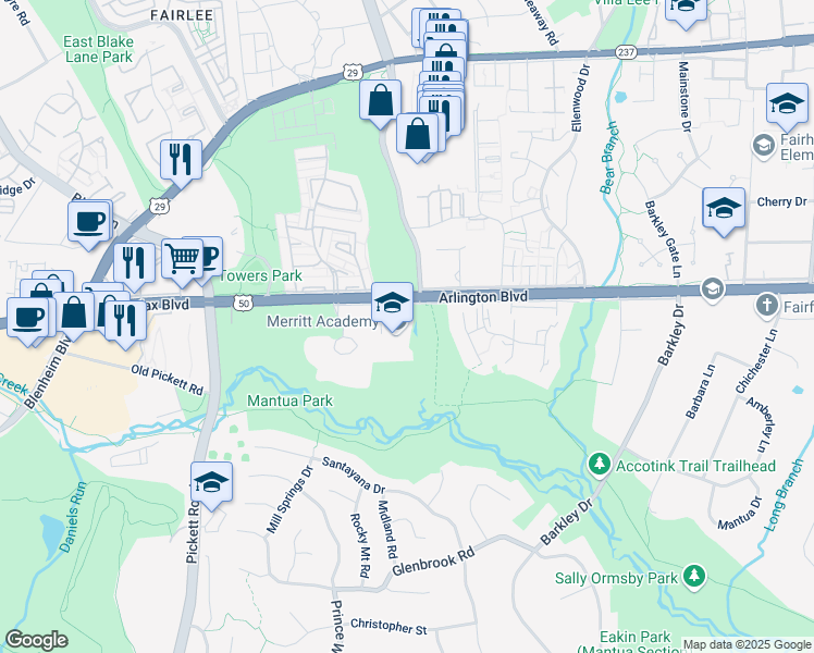 map of restaurants, bars, coffee shops, grocery stores, and more near 9207 Arlington Boulevard in Fairfax