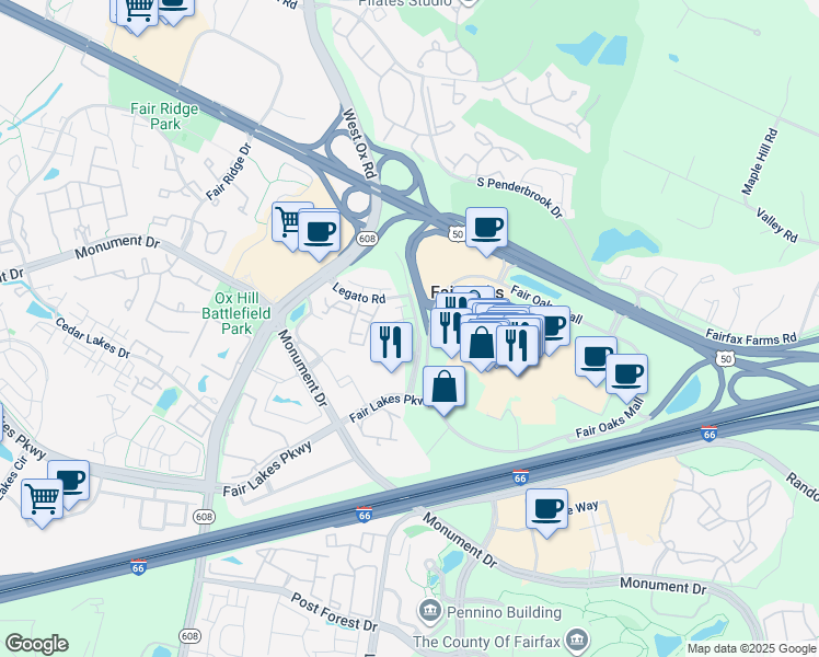 map of restaurants, bars, coffee shops, grocery stores, and more near 4128 Legato Road in Fairfax