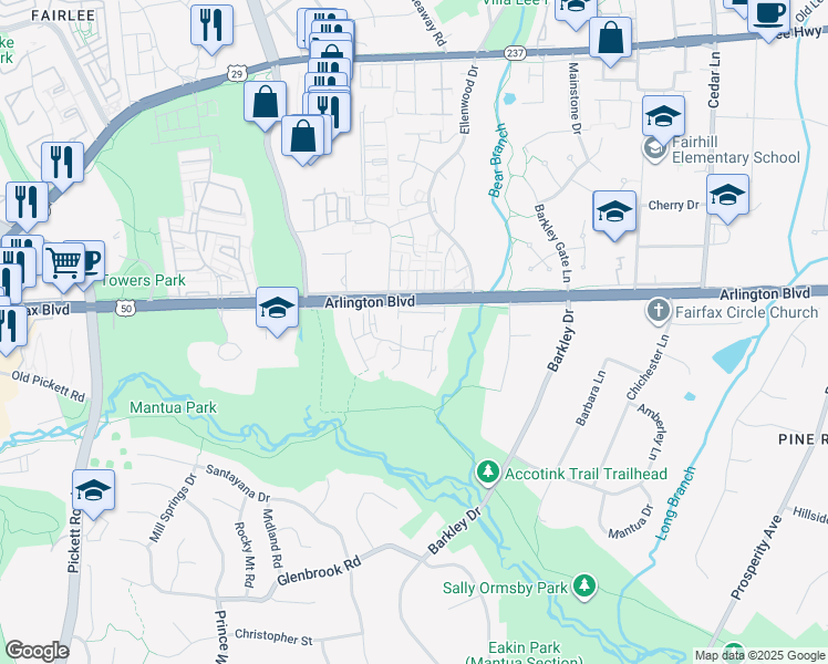 map of restaurants, bars, coffee shops, grocery stores, and more near in Fairfax