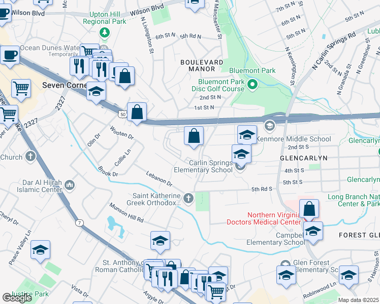 map of restaurants, bars, coffee shops, grocery stores, and more near 3100 South Manchester Street in Falls Church