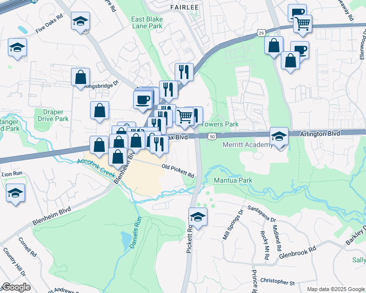 map of restaurants, bars, coffee shops, grocery stores, and more near 9469 Fairfax Boulevard in Fairfax