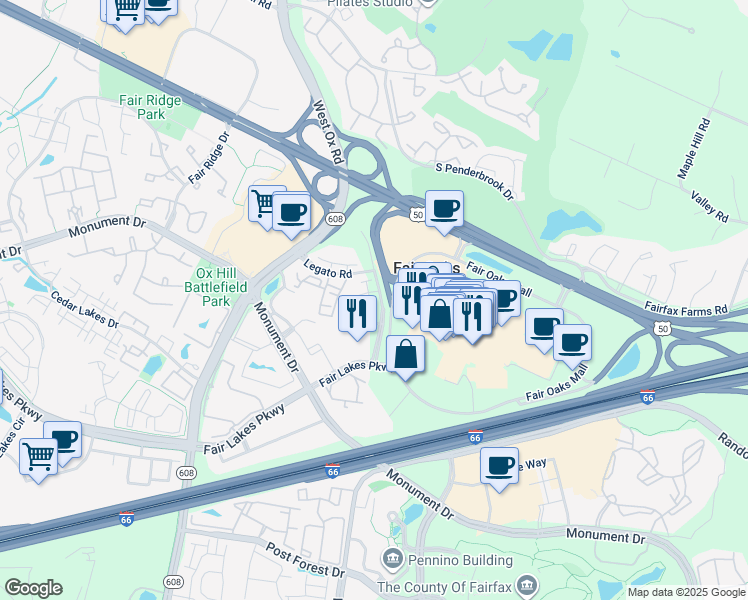 map of restaurants, bars, coffee shops, grocery stores, and more near 4128 Legato Road in Fairfax