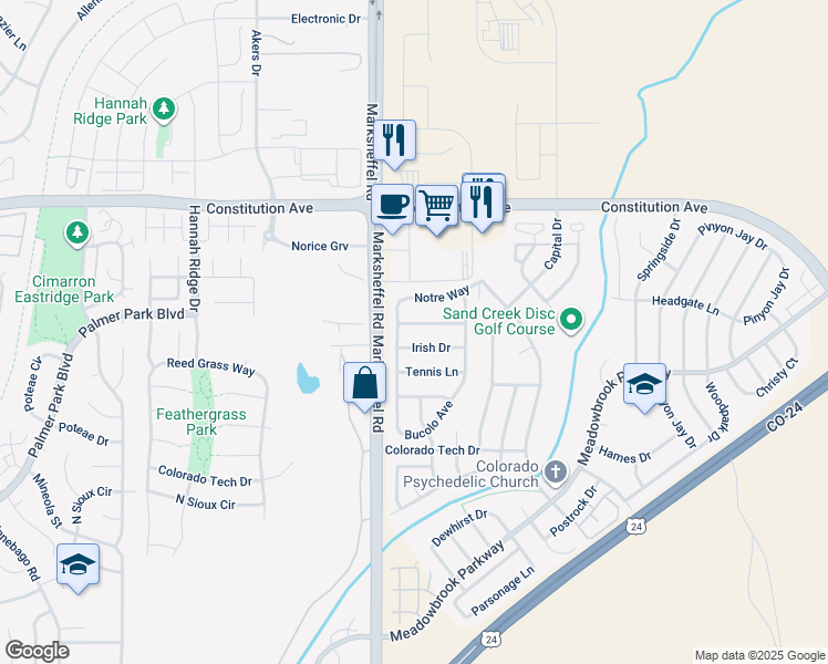 map of restaurants, bars, coffee shops, grocery stores, and more near 1765 Bucolo Avenue in Colorado Springs