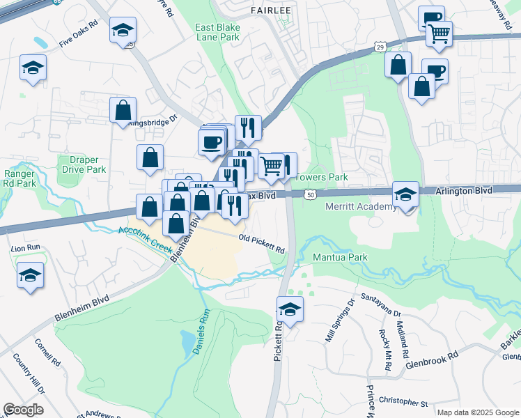 map of restaurants, bars, coffee shops, grocery stores, and more near 9473 Fairfax Boulevard in Fairfax