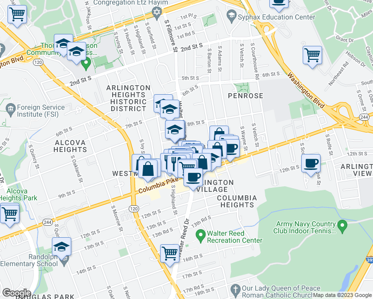 map of restaurants, bars, coffee shops, grocery stores, and more near S Walter Reed Dr & 9th St S in Arlington