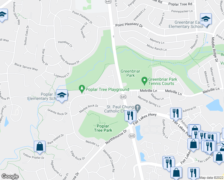 map of restaurants, bars, coffee shops, grocery stores, and more near 4623 Sand Rock Lane in Chantilly