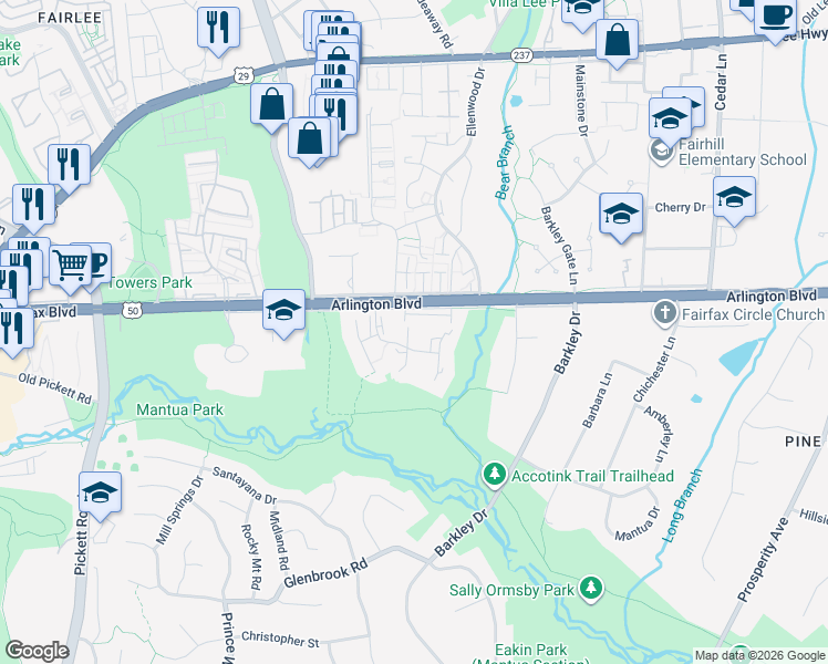 map of restaurants, bars, coffee shops, grocery stores, and more near 3133 Eakin Park Court in Fairfax
