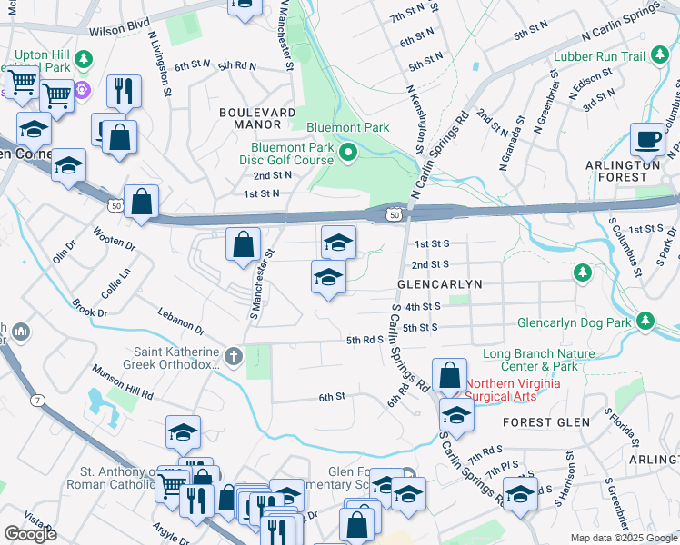 map of restaurants, bars, coffee shops, grocery stores, and more near 200 South Carlin Springs Road in Arlington