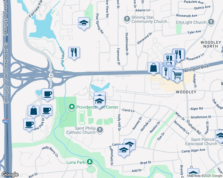 map of restaurants, bars, coffee shops, grocery stores, and more near 7596 Lakeside Village Drive in Falls Church