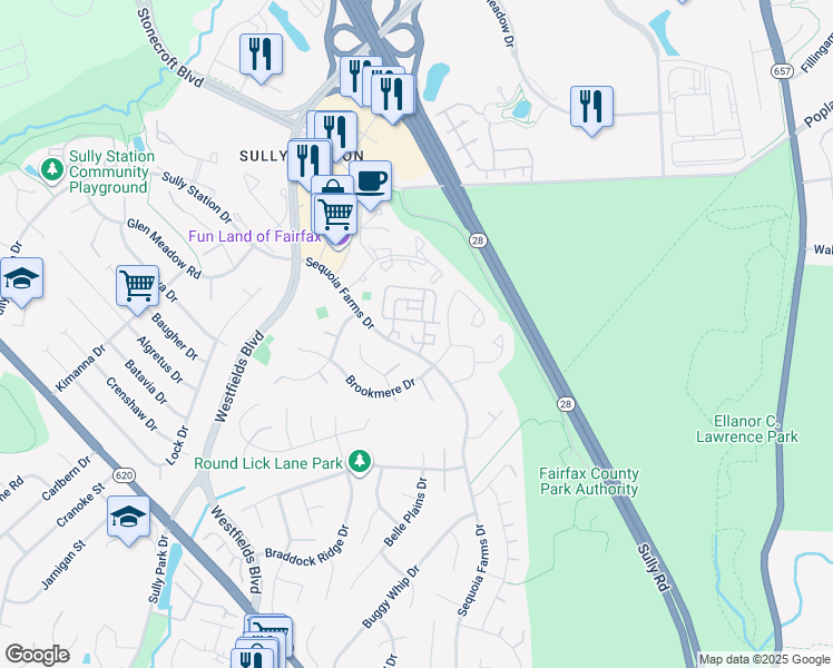 map of restaurants, bars, coffee shops, grocery stores, and more near 14462 Fallscliff Lane in Centreville