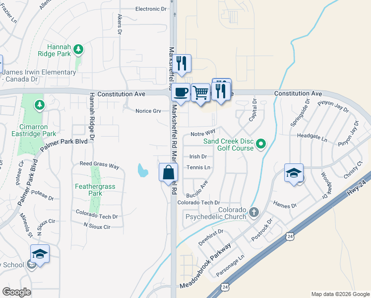 map of restaurants, bars, coffee shops, grocery stores, and more near 1765 Bucolo Avenue in Colorado Springs