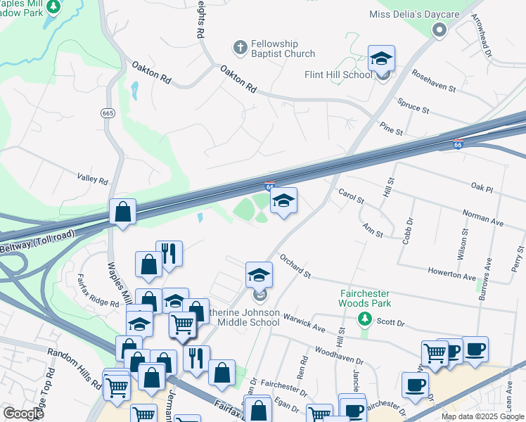 map of restaurants, bars, coffee shops, grocery stores, and more near 3616 Jermantown Road in Fairfax