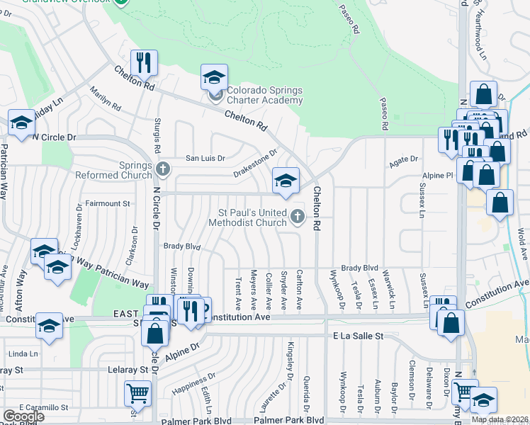 map of restaurants, bars, coffee shops, grocery stores, and more near 2217 Collier Avenue in Colorado Springs