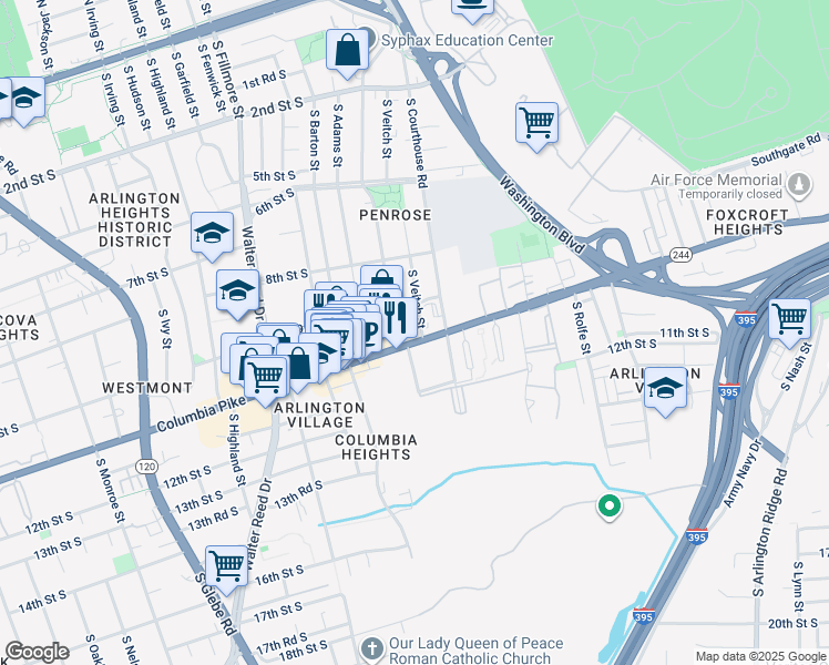 map of restaurants, bars, coffee shops, grocery stores, and more near 2205 Columbia Pike in Arlington