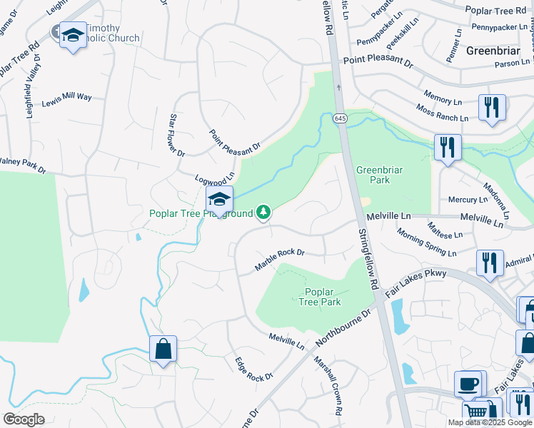 map of restaurants, bars, coffee shops, grocery stores, and more near Big Rocky Run Trail in Chantilly