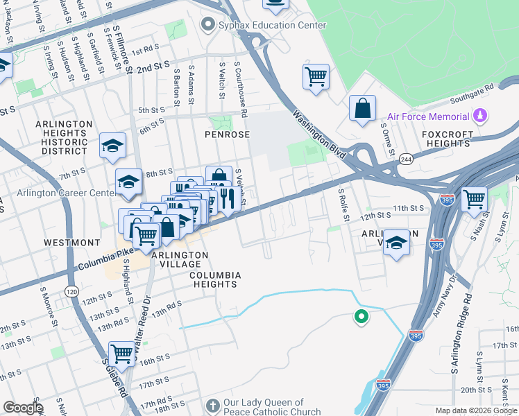 map of restaurants, bars, coffee shops, grocery stores, and more near Columbia Pike & S Courthouse Rd in Arlington
