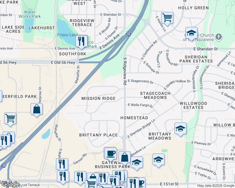 map of restaurants, bars, coffee shops, grocery stores, and more near 1253 East Butterfield Place in Olathe