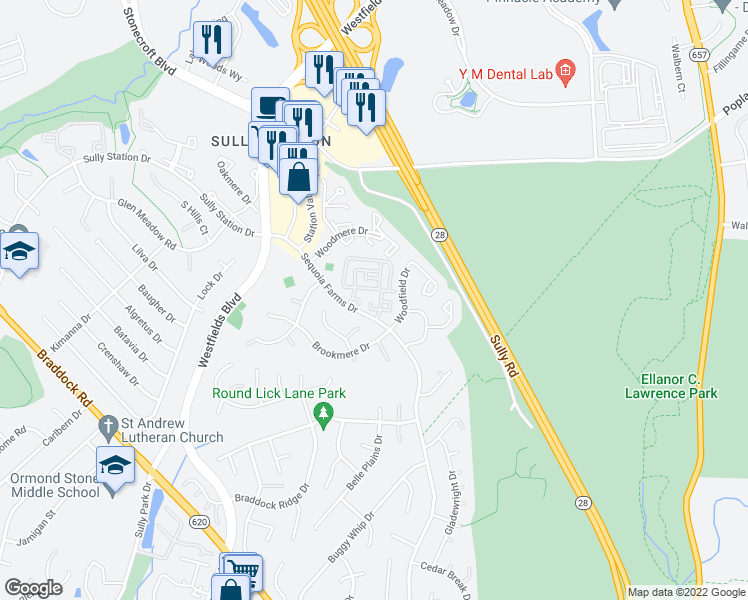 map of restaurants, bars, coffee shops, grocery stores, and more near 14462 Fallscliff Lane in Centreville