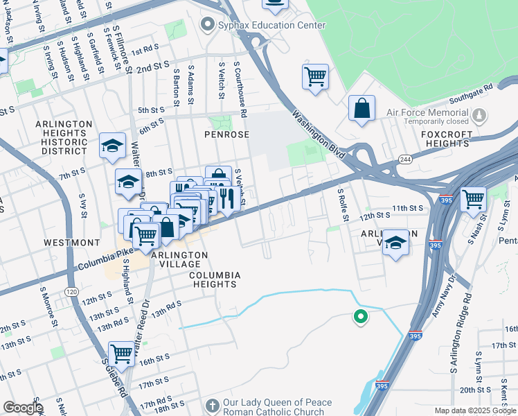 map of restaurants, bars, coffee shops, grocery stores, and more near 2081 Columbia Pike in Arlington