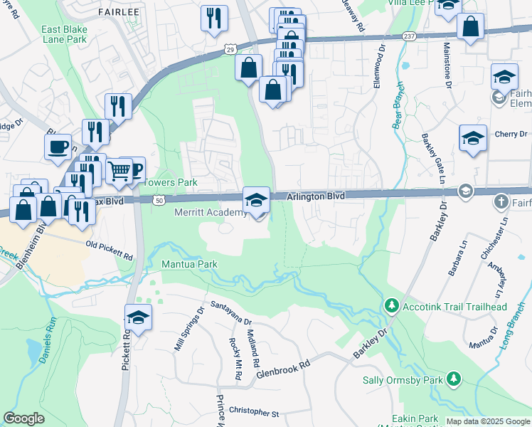 map of restaurants, bars, coffee shops, grocery stores, and more near 9207 Arlington Boulevard in Fairfax