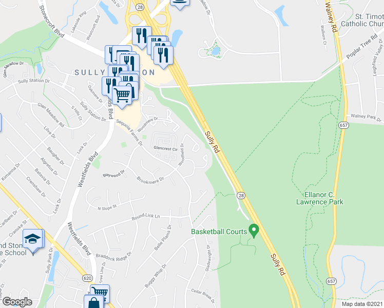 map of restaurants, bars, coffee shops, grocery stores, and more near 5109 Woodfield Drive in Centreville