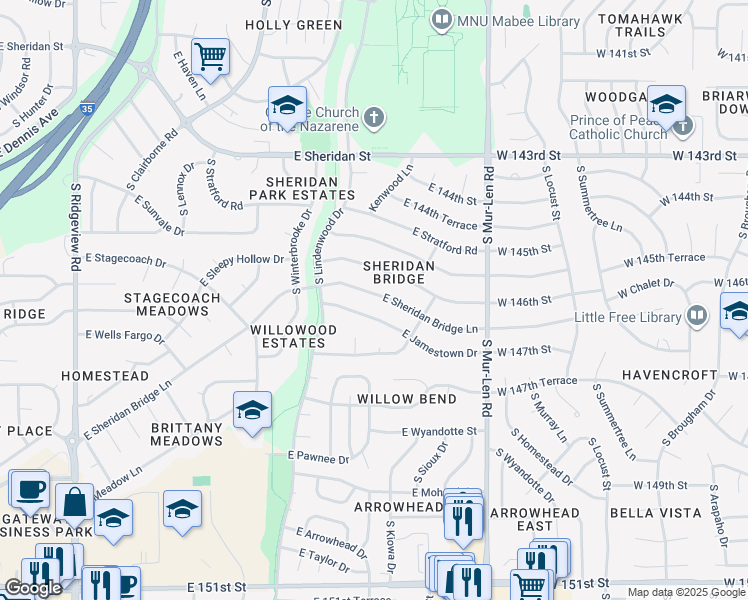 map of restaurants, bars, coffee shops, grocery stores, and more near 1931 East Sheridan Bridge Lane in Olathe