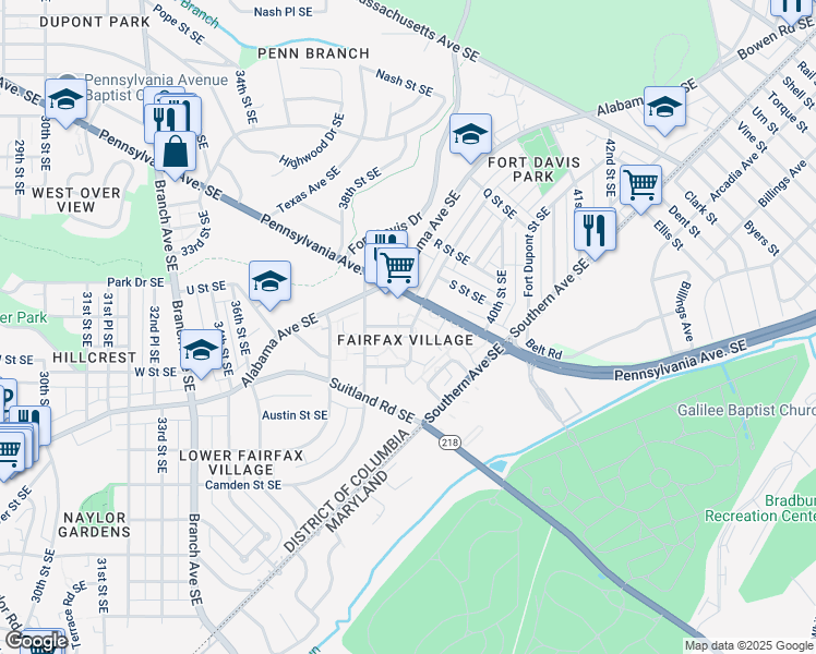 map of restaurants, bars, coffee shops, grocery stores, and more near 2103 Fort Davis Street Southeast in Washington