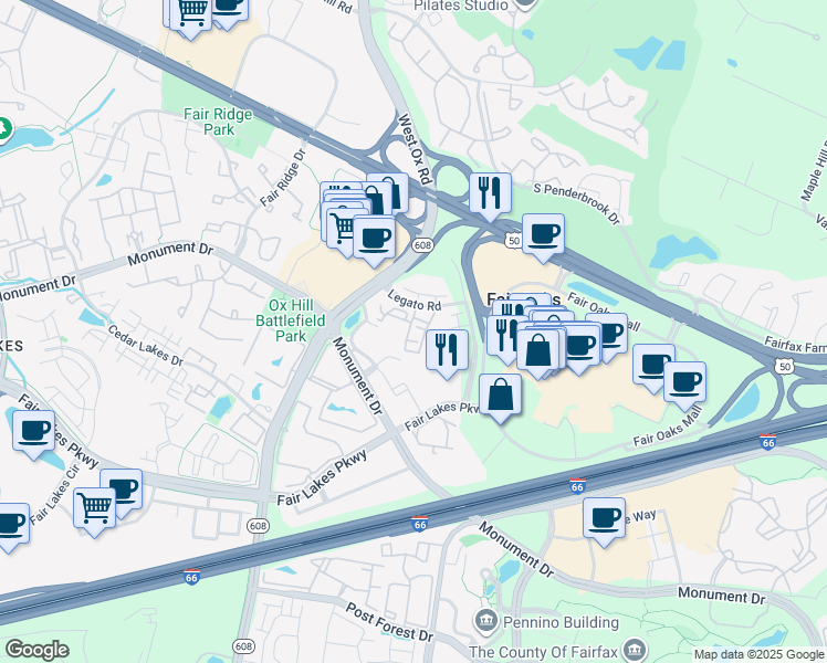 map of restaurants, bars, coffee shops, grocery stores, and more near 4159 Rush Street in Fairfax