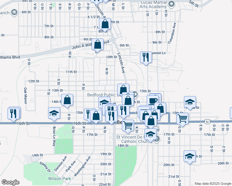 map of restaurants, bars, coffee shops, grocery stores, and more near 1220 M Street in Bedford