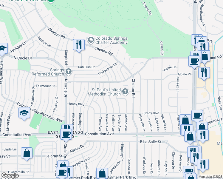 map of restaurants, bars, coffee shops, grocery stores, and more near 2217 Collier Avenue in Colorado Springs