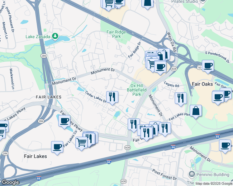 map of restaurants, bars, coffee shops, grocery stores, and more near 4226 Sleepy Lake Drive in Fairfax