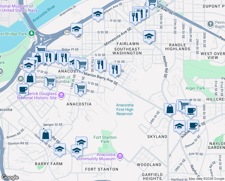 map of restaurants, bars, coffee shops, grocery stores, and more near U Street Southeast in Washington