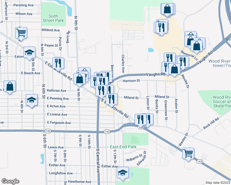 map of restaurants, bars, coffee shops, grocery stores, and more near 549 North Brushey Grove Avenue in Wood River