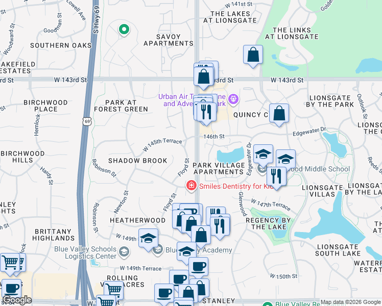 map of restaurants, bars, coffee shops, grocery stores, and more near 14501 Floyd Street in Overland Park