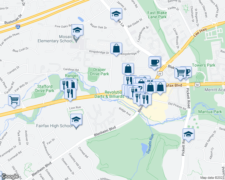 map of restaurants, bars, coffee shops, grocery stores, and more near 9738 Fairfax Blvd in Fairfax