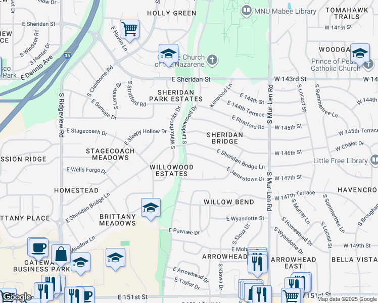 map of restaurants, bars, coffee shops, grocery stores, and more near 1204 South Lindenwood Drive in Olathe