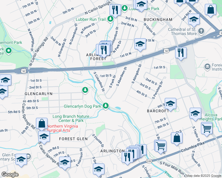 map of restaurants, bars, coffee shops, grocery stores, and more near 109 South Park Drive in Arlington