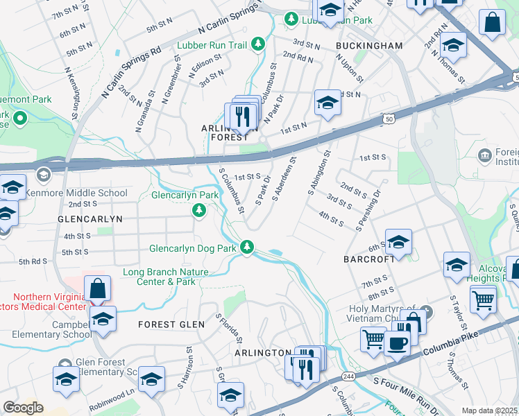 map of restaurants, bars, coffee shops, grocery stores, and more near 109 South Park Drive in Arlington